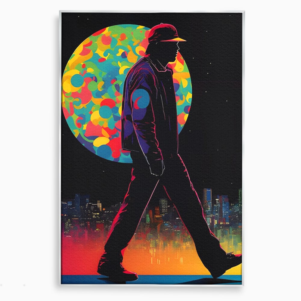 Tablou canvas cu tablou vertical cu silueta de barbat si oras, in rama de aluminiu argintiu