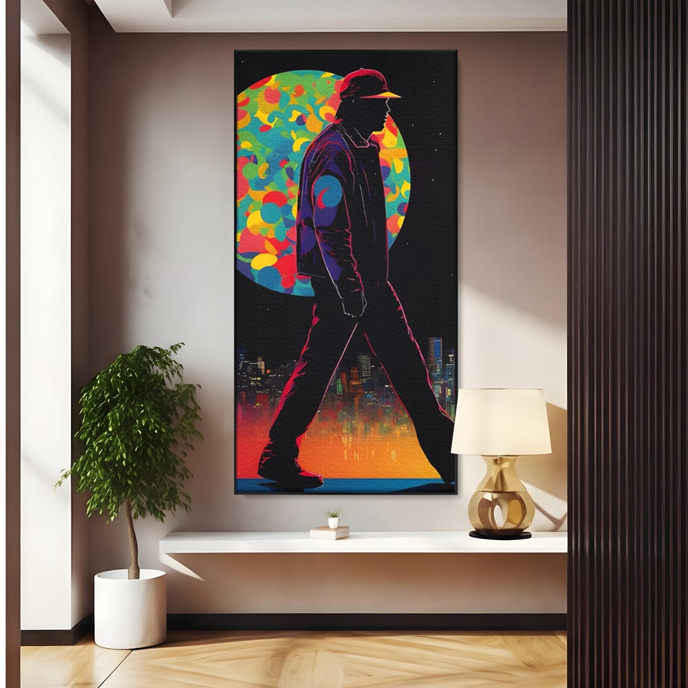 Tablou canvas cu tablou vertical cu silueta de barbat si oras, in rama de aluminiu negru