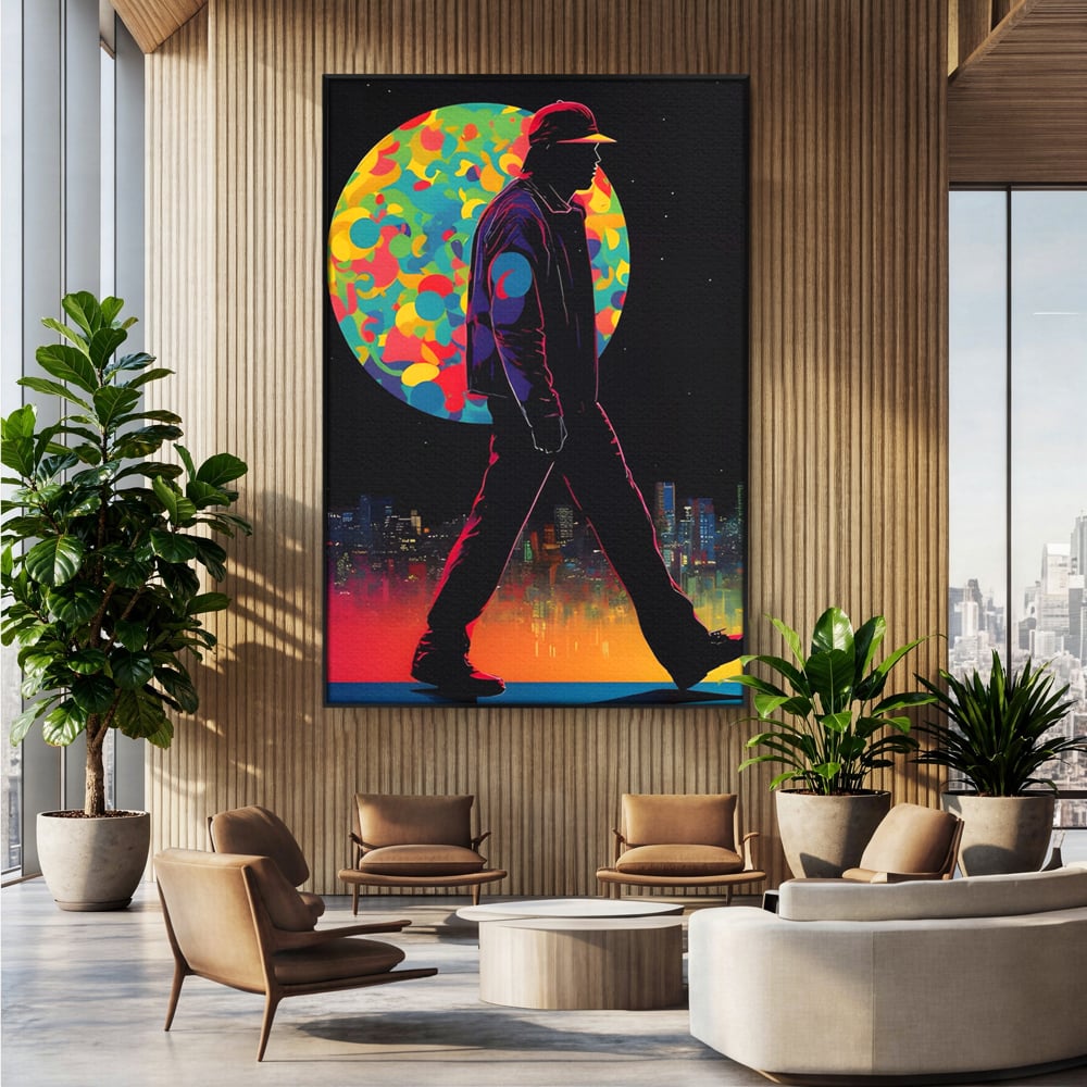Tablou canvas cu tablou vertical cu silueta de barbat si oras, in rama de aluminiu negru, pe perete intr-un birou