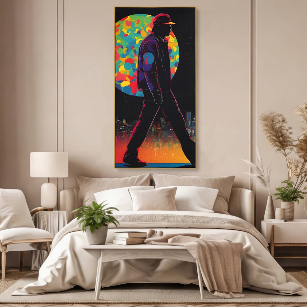 Tablou canvas cu tablou vertical cu silueta de barbat si oras, in rama de aluminiu auriu, pe perete intr-un dormitor