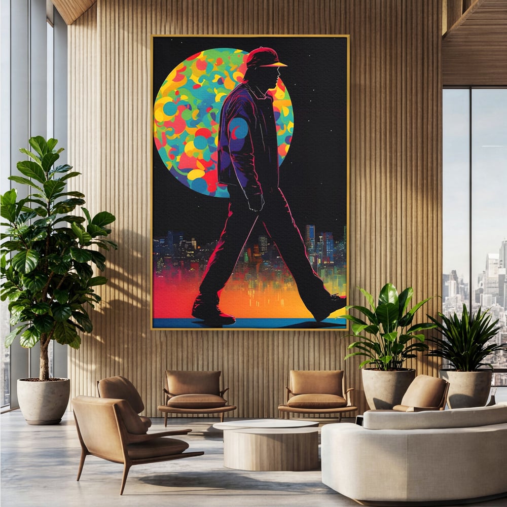 Tablou canvas cu tablou vertical cu silueta de barbat si oras, in rama de aluminiu auriu, pe perete intr-un birou