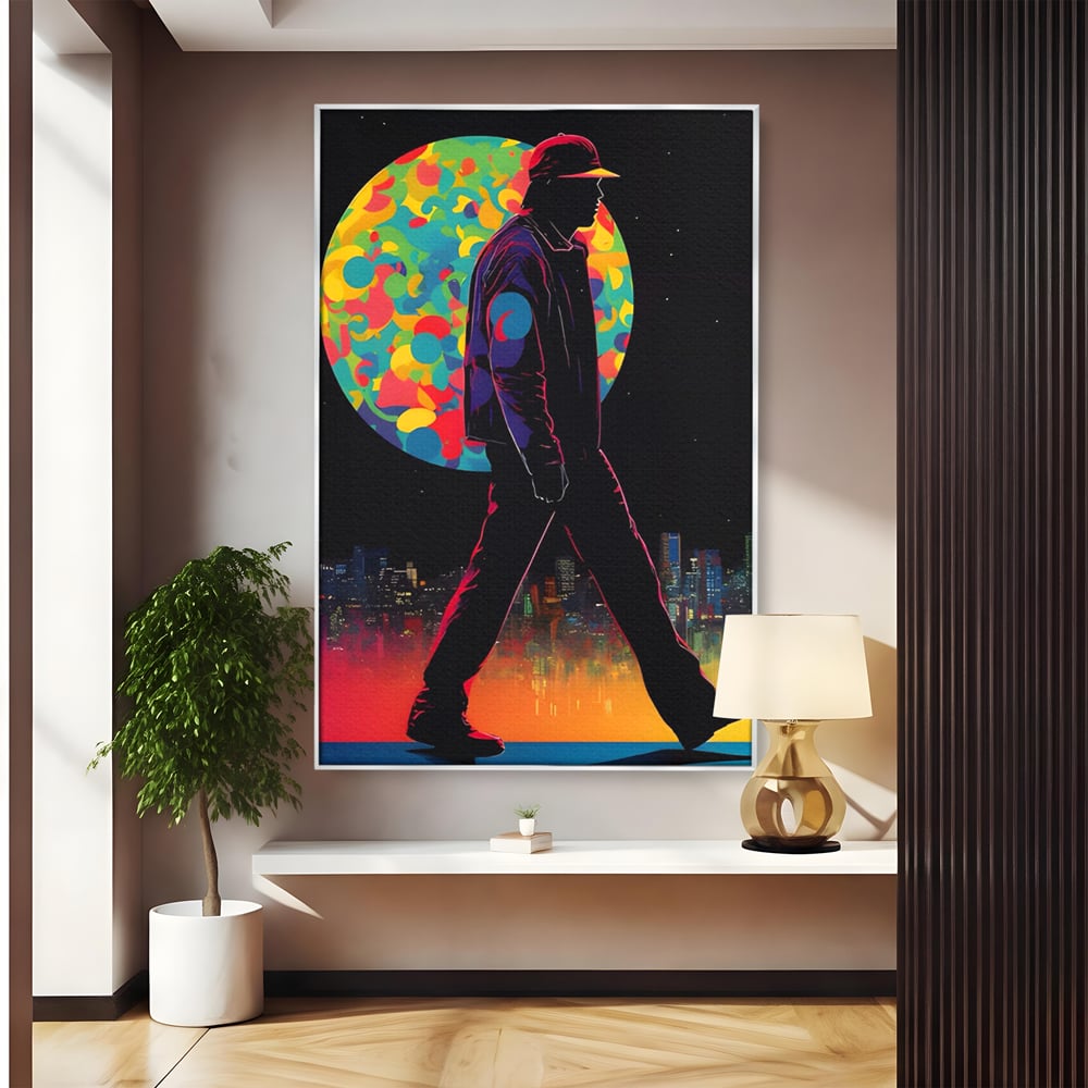 Tablou canvas cu tablou vertical cu silueta de barbat si oras, in rama de aluminiu argintiu
