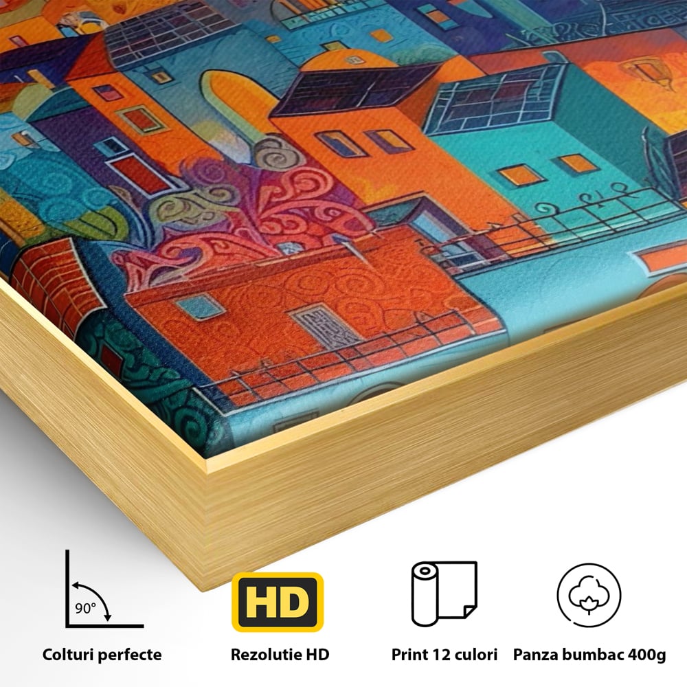 Detaliu al suprafetei: tablou canvas cu oras colorat si cer instelat, in rama de aluminiu auriu