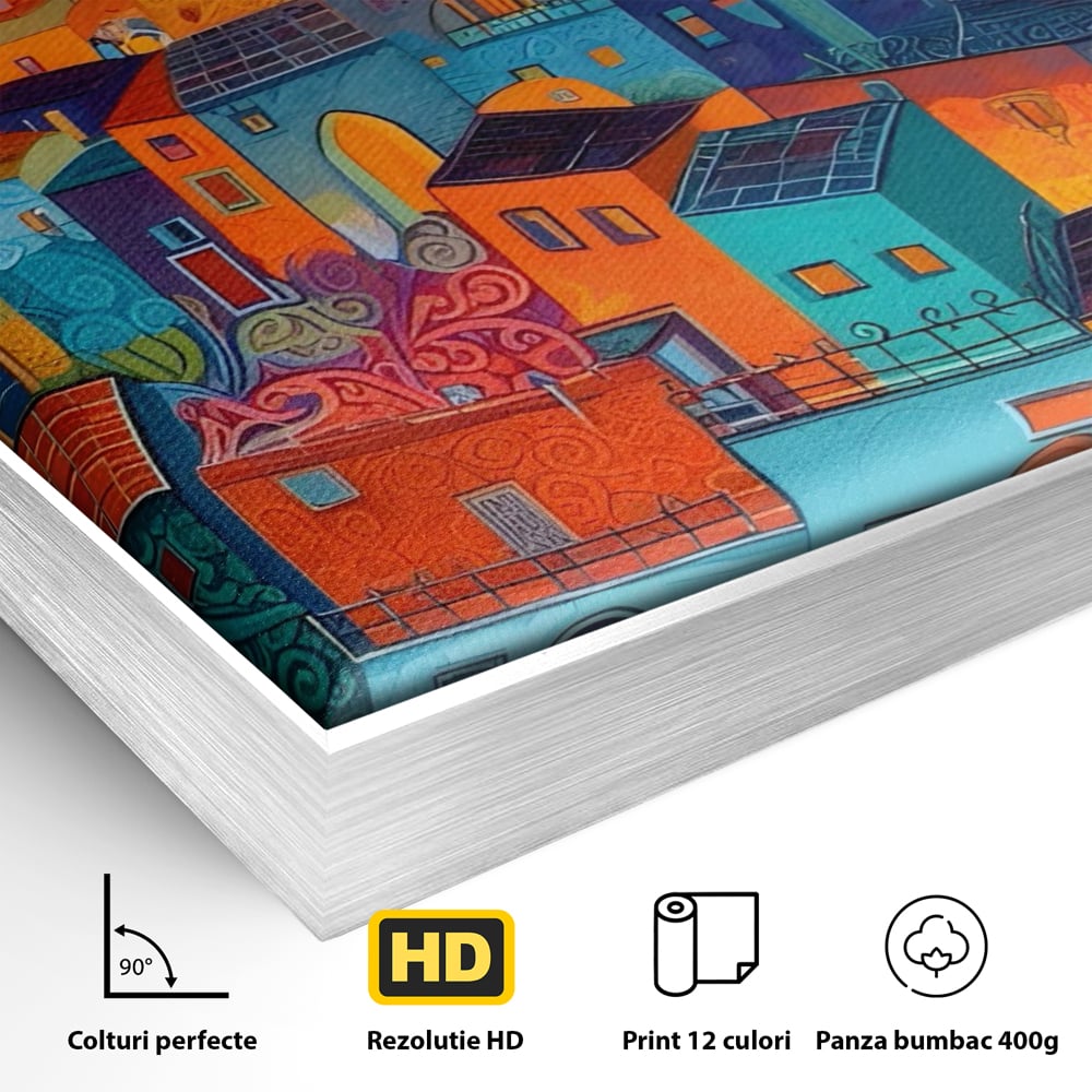 Detaliu al suprafetei: tablou canvas cu oras colorat si cer instelat, in rama de aluminiu argintiu