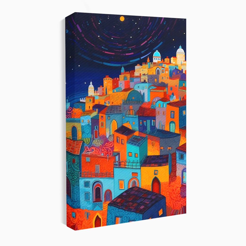Tablou canvas cu tablou canvas cu oras colorat si cer instelat, fara rama, pe sasiu de lemn