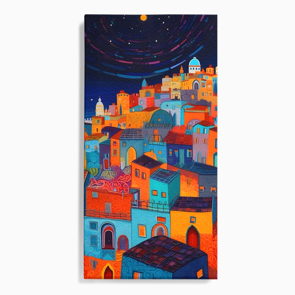 Tablou canvas cu tablou canvas cu oras colorat si cer instelat, fara rama, pe sasiu de lemn