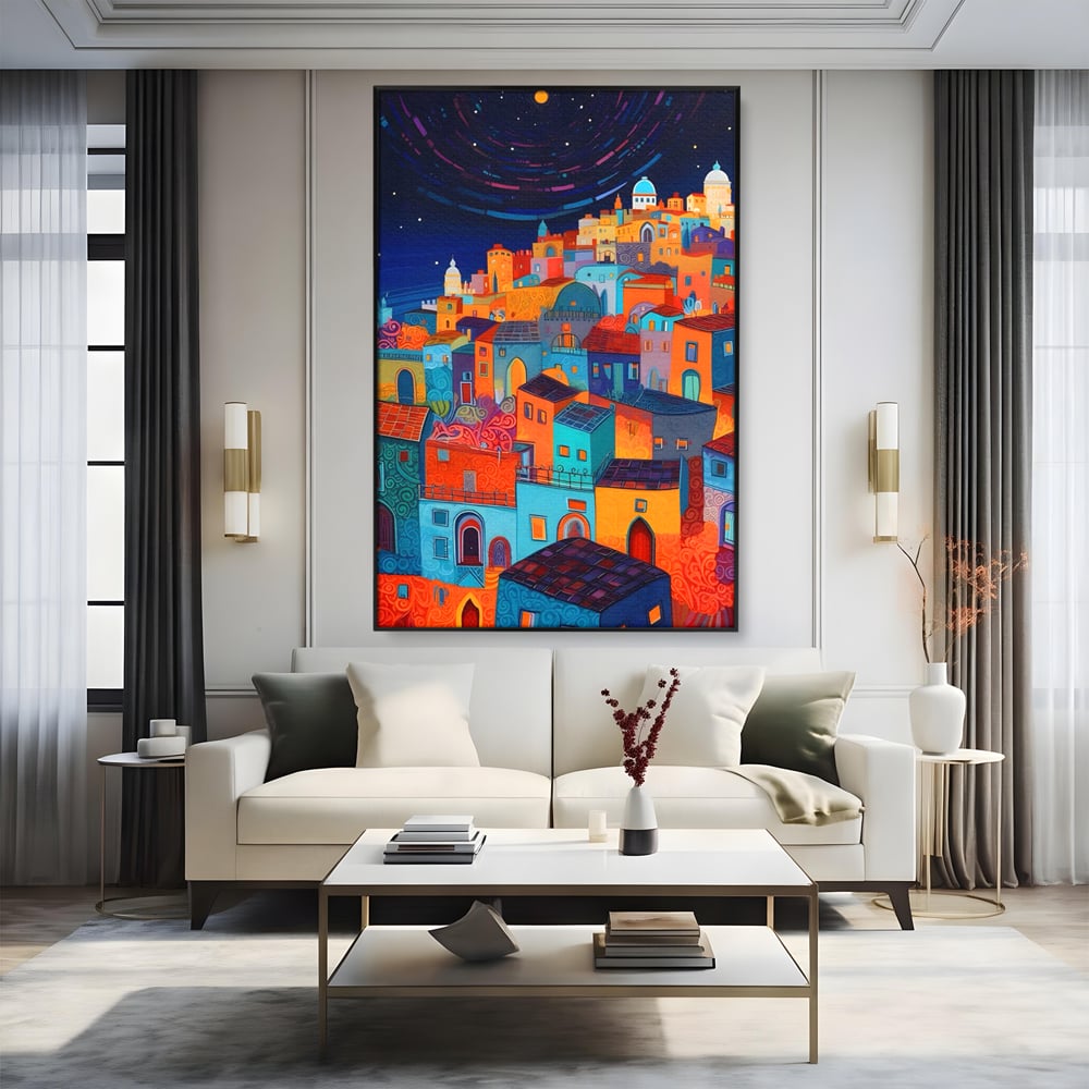 Tablou canvas cu tablou canvas cu oras colorat si cer instelat, in rama de aluminiu negru, pe perete intr-un living