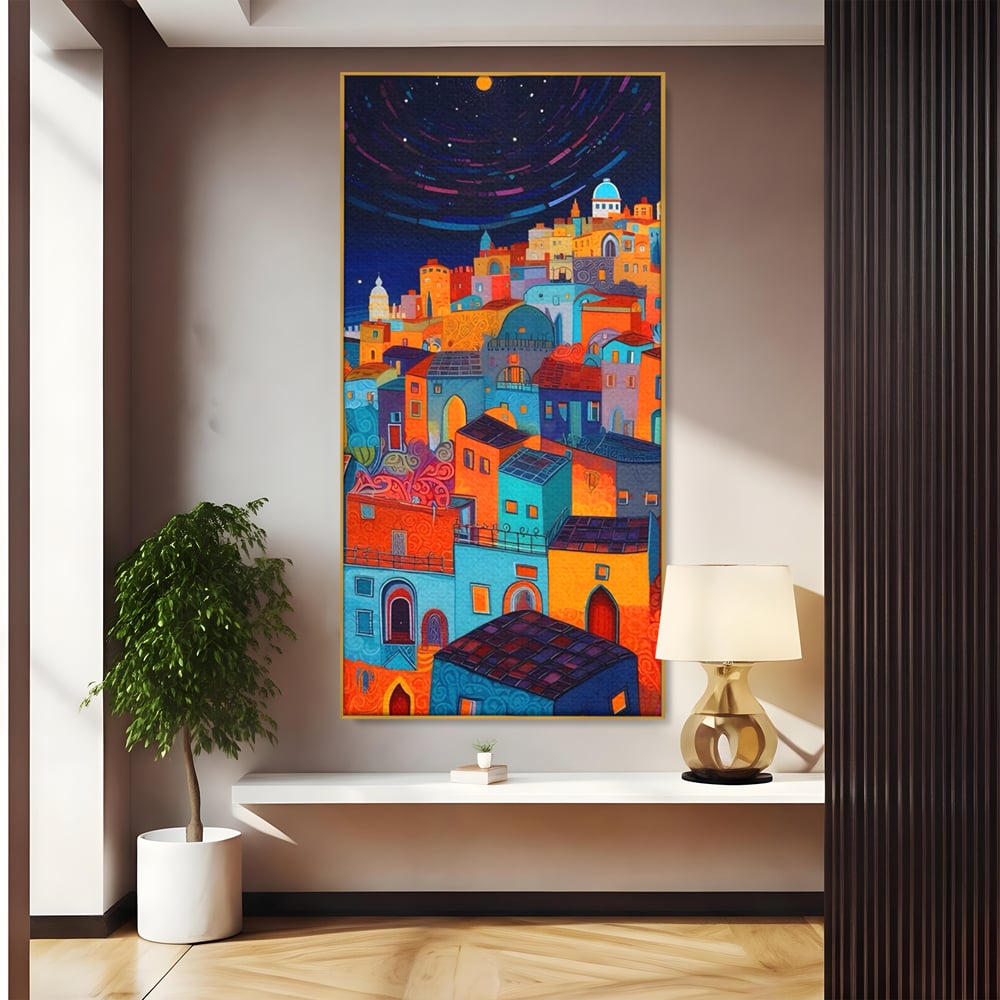 Tablou canvas cu tablou canvas cu oras colorat si cer instelat, in rama de aluminiu auriu
