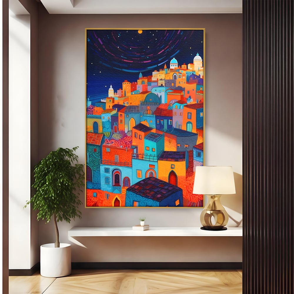Tablou canvas cu tablou canvas cu oras colorat si cer instelat, in rama de aluminiu auriu