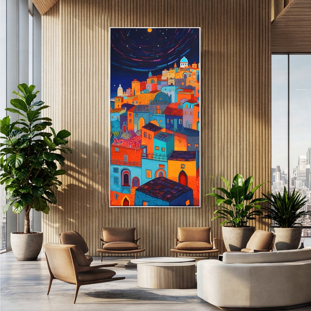 Tablou canvas cu tablou canvas cu oras colorat si cer instelat, in rama de aluminiu argintiu, pe perete intr-un birou