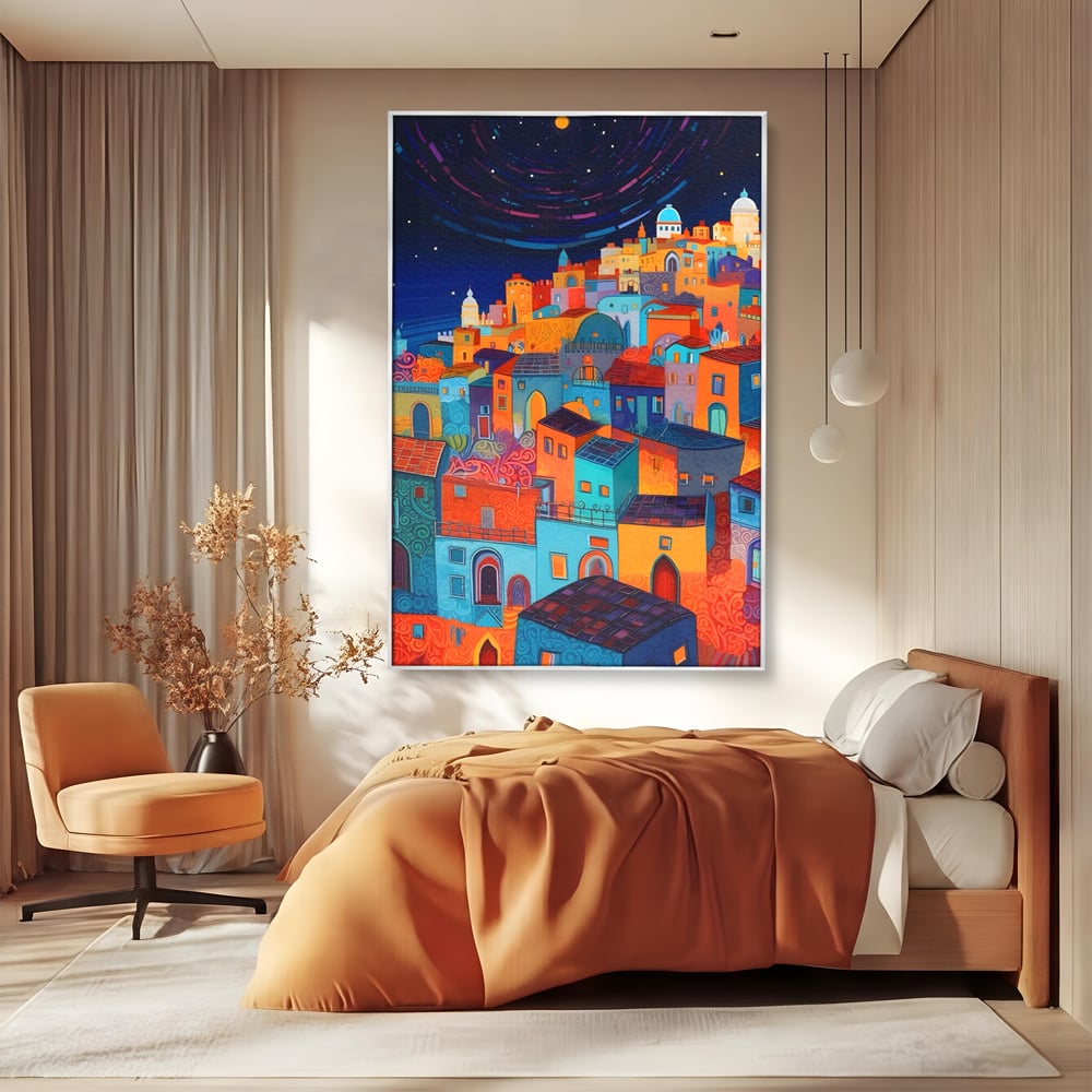 Tablou canvas cu tablou canvas cu oras colorat si cer instelat, in rama de aluminiu argintiu, pe perete intr-un dormitor