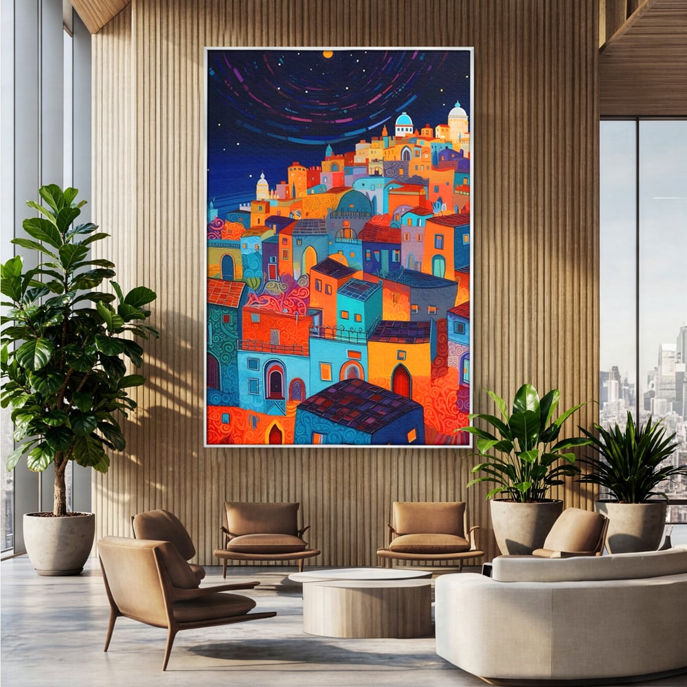 Tablou canvas cu tablou canvas cu oras colorat si cer instelat, in rama de aluminiu argintiu, pe perete intr-un birou