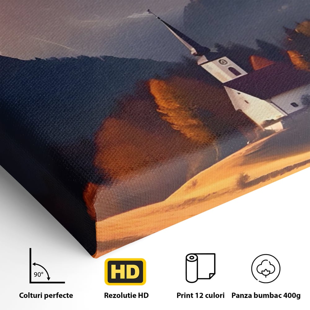 Detaliu al suprafetei: tablou canvas cu biserica la apus, fara rama, pe sasiu de lemn