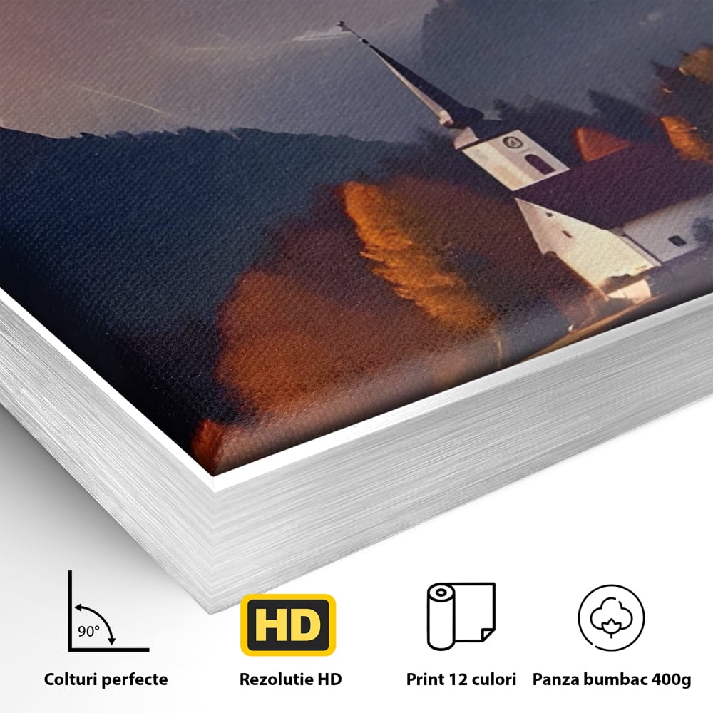 Detaliu al suprafetei: tablou canvas cu biserica la apus, in rama de aluminiu argintiu