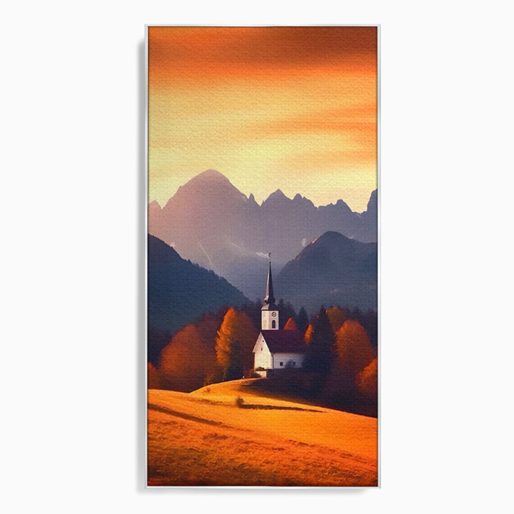 Tablou canvas cu tablou canvas cu biserica la apus, in rama de aluminiu argintiu