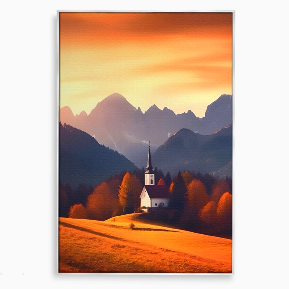 Tablou canvas cu tablou canvas cu biserica la apus, in rama de aluminiu argintiu