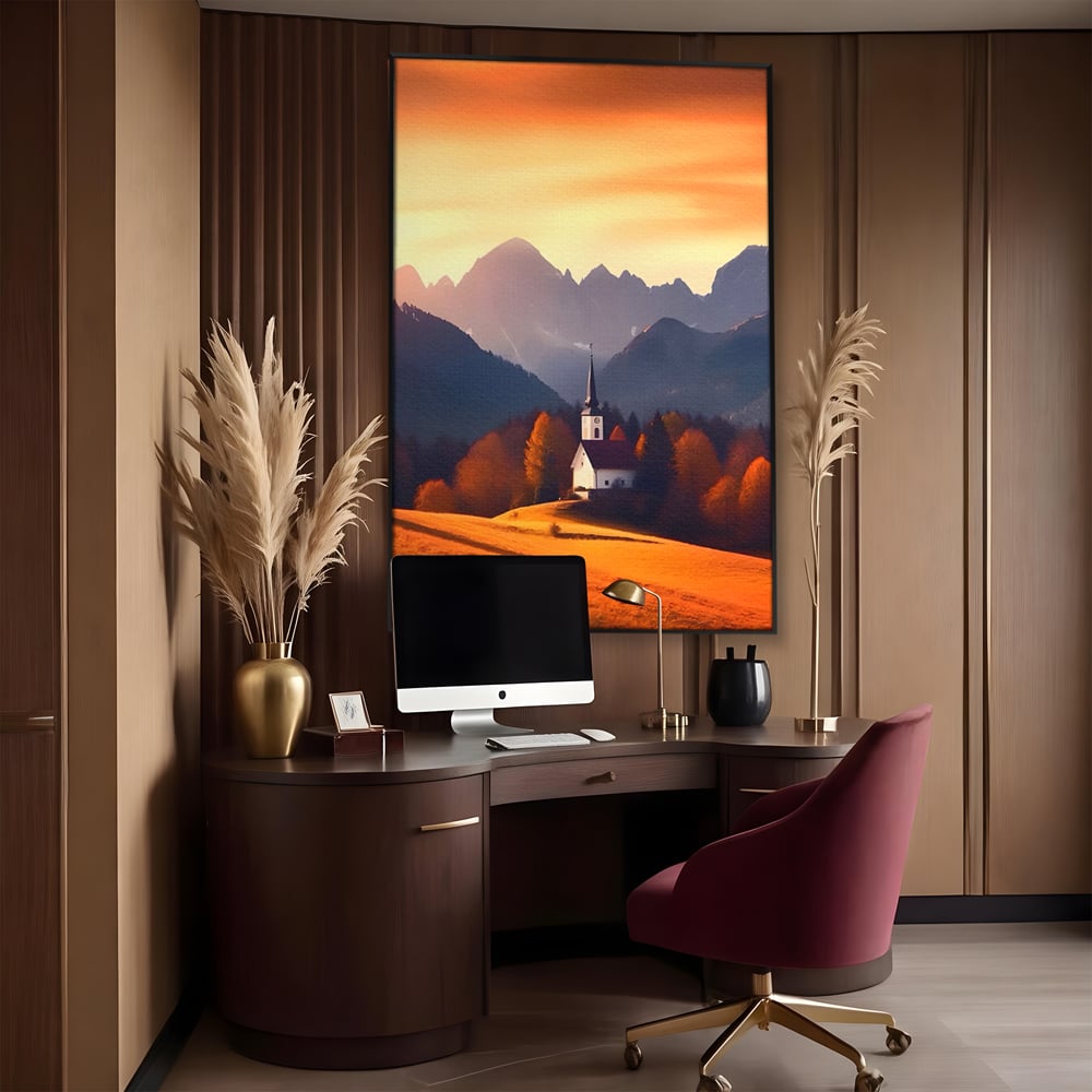 Tablou canvas cu tablou canvas cu biserica la apus, in rama de aluminiu negru, pe perete intr-un birou