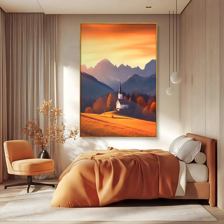 Tablou canvas cu tablou canvas cu biserica la apus, in rama de aluminiu auriu, pe perete intr-un dormitor