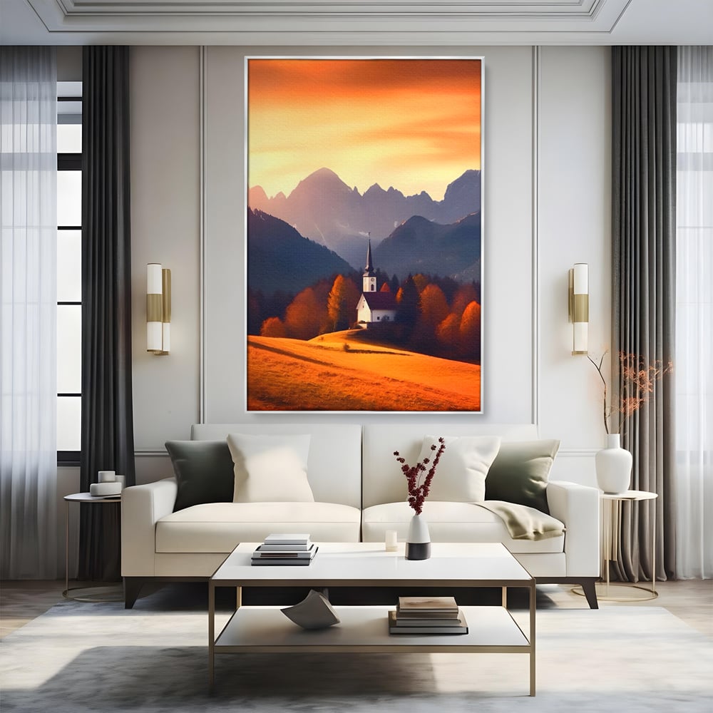 Tablou canvas cu tablou canvas cu biserica la apus, in rama de aluminiu argintiu, pe perete intr-un living