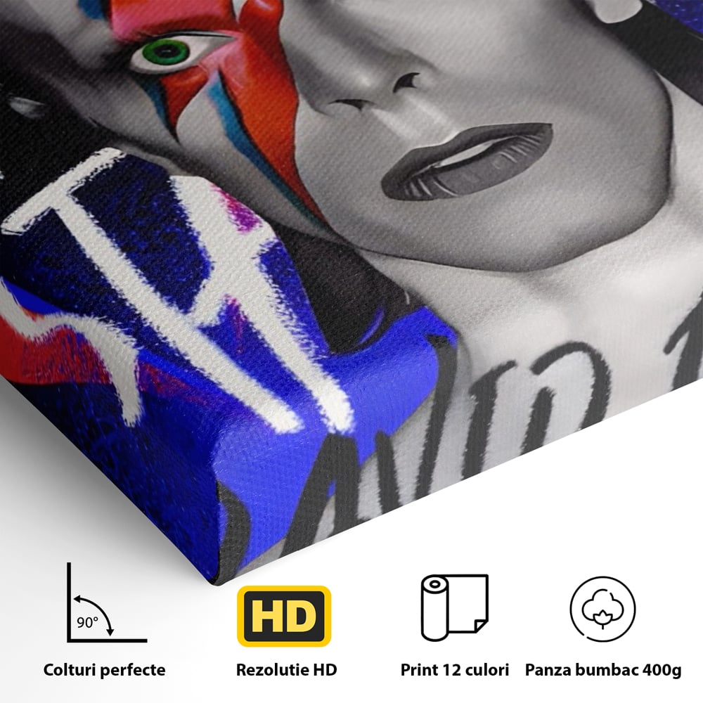 Detaliu al suprafetei: tablou canvas cu portretul lui david bowie, fara rama, pe sasiu de lemn