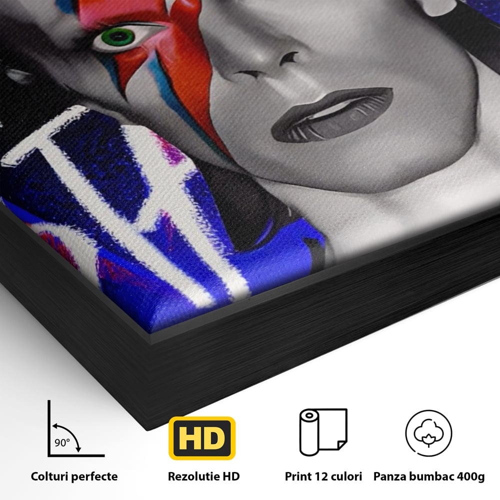 Detaliu al suprafetei: tablou canvas cu portretul lui david bowie, in rama de aluminiu negru