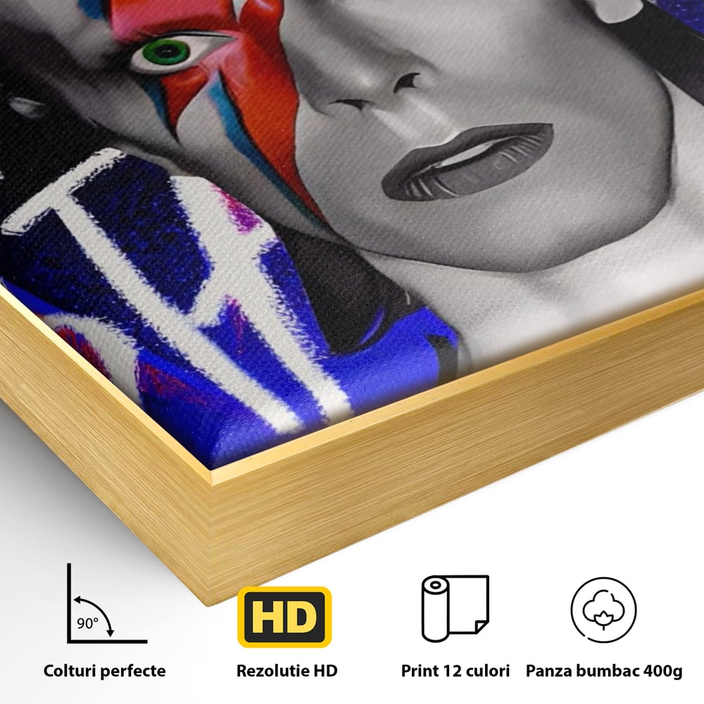 Detaliu al suprafetei: tablou canvas cu portretul lui david bowie, in rama de aluminiu auriu