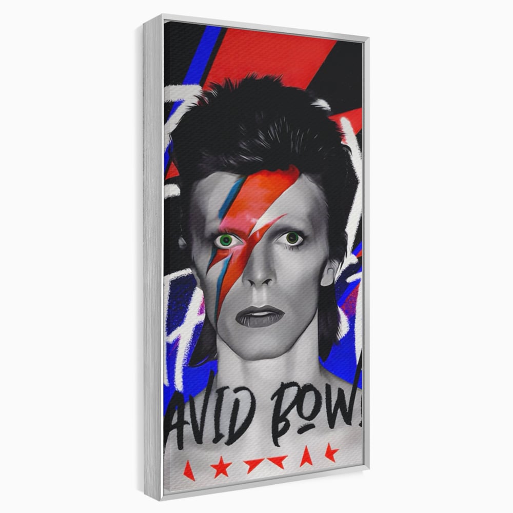 Tablou canvas cu tablou canvas cu portretul lui david bowie, in rama de aluminiu argintiu