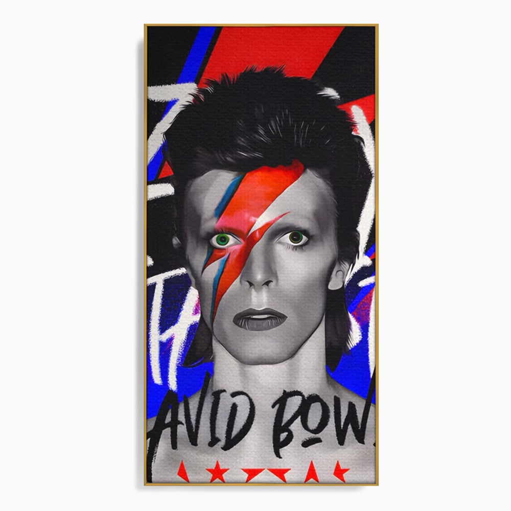 Tablou canvas cu tablou canvas cu portretul lui david bowie, in rama de aluminiu auriu
