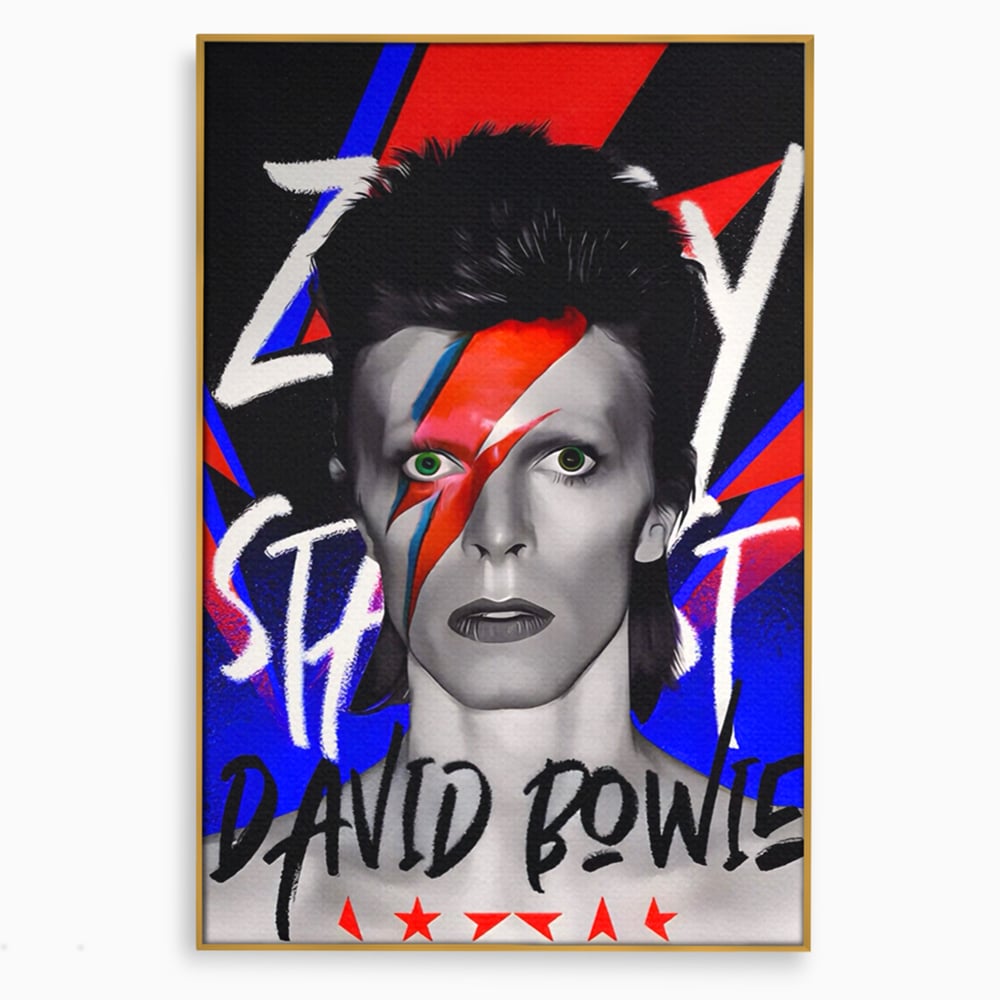 Tablou canvas cu tablou canvas cu portretul lui david bowie, in rama de aluminiu auriu
