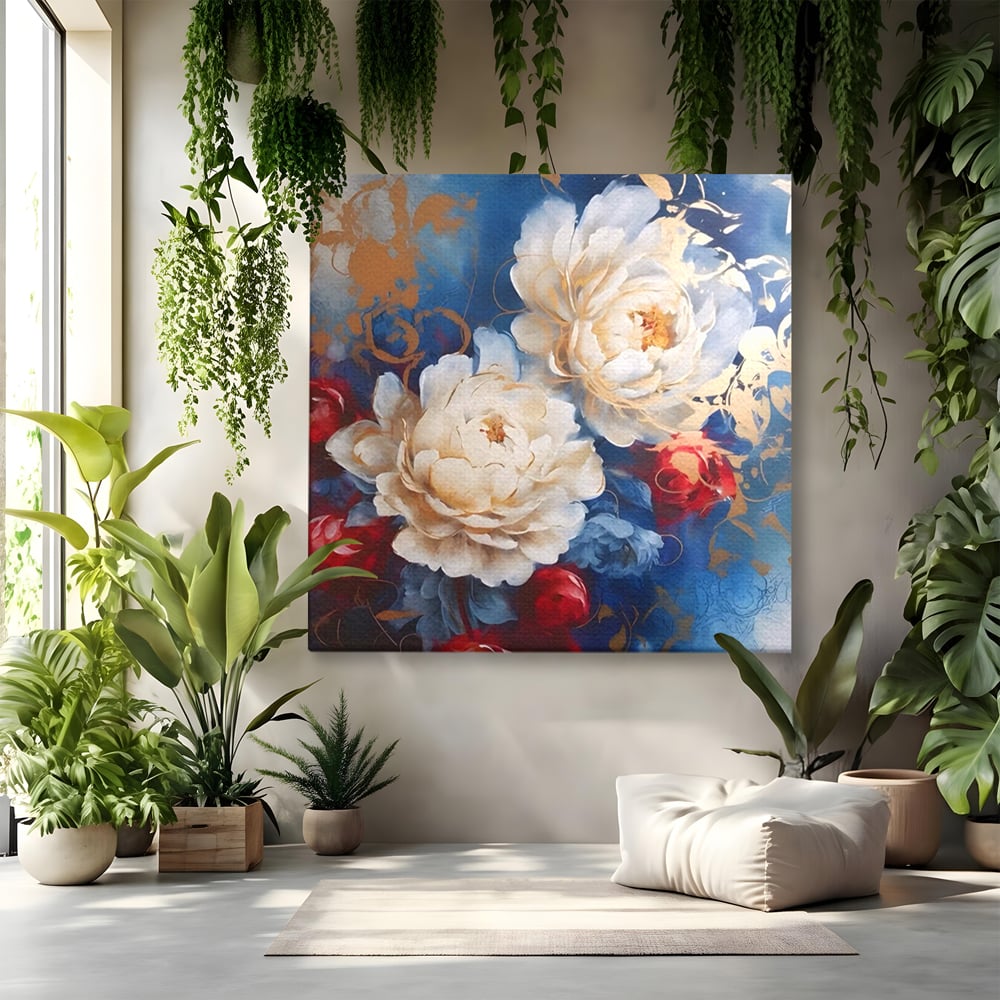 Tablou canvas cu pictura abstracta cu bujori albi, fara rama, pe sasiu de lemn