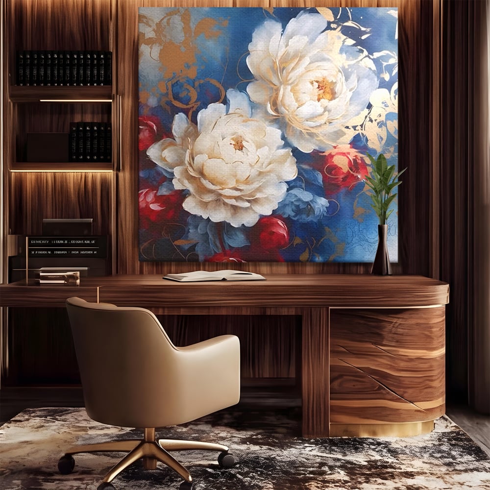 Tablou canvas cu pictura abstracta cu bujori albi, fara rama, pe sasiu de lemn, pe perete intr-un birou