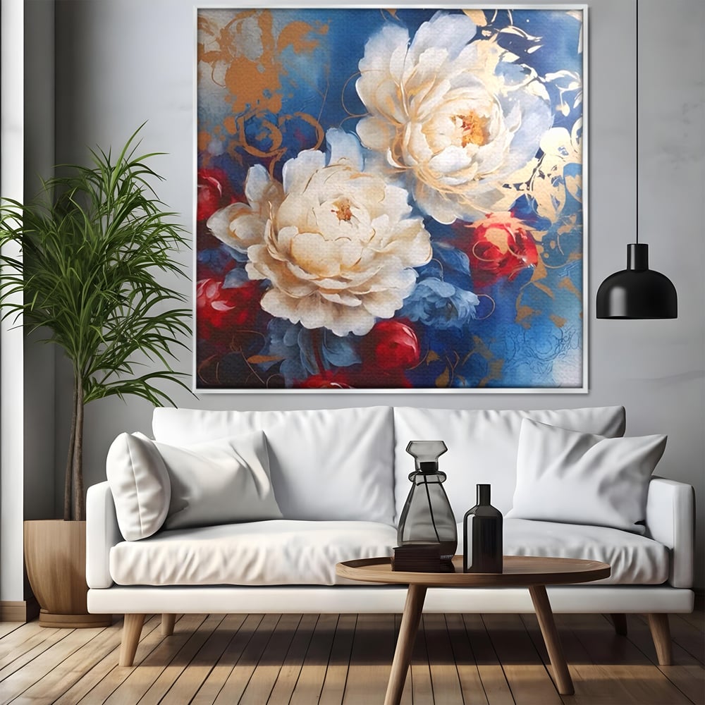 Tablou canvas cu pictura abstracta cu bujori albi, in rama de aluminiu argintiu, pe perete intr-un living