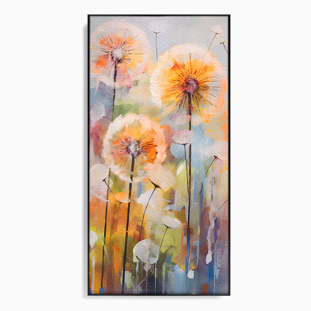 Tablou canvas cu pictura verticala cu papadii pufoase, in rama de aluminiu negru
