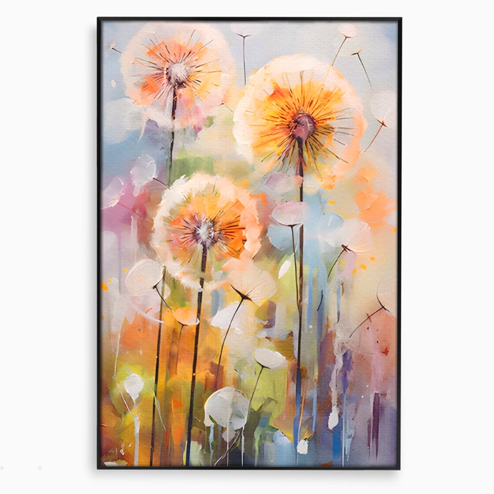 Tablou canvas cu pictura verticala cu papadii pufoase, in rama de aluminiu negru
