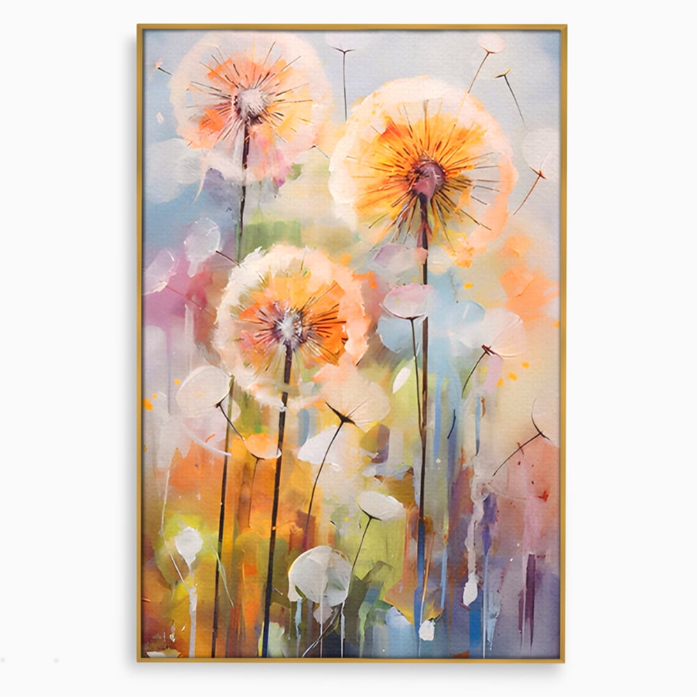 Tablou canvas cu pictura verticala cu papadii pufoase, in rama de aluminiu auriu