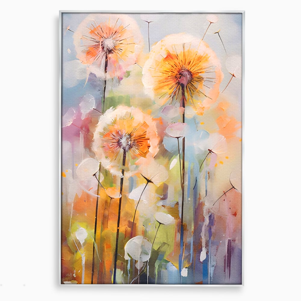 Tablou canvas cu pictura verticala cu papadii pufoase, in rama de aluminiu argintiu