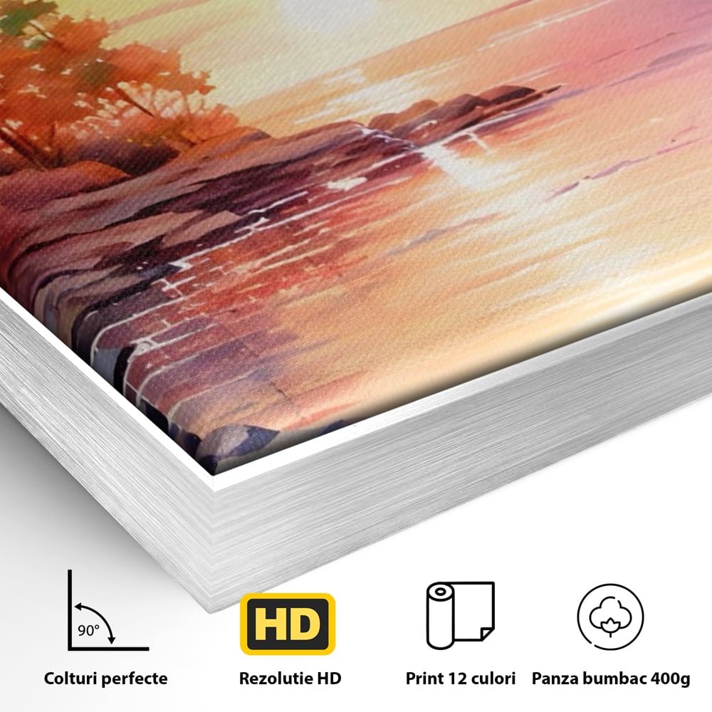 Detaliu al suprafetei: tablou canvas cu peisaj de apus, in rama de aluminiu argintiu