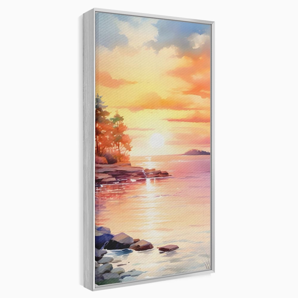 Tablou canvas cu tablou canvas cu peisaj de apus, in rama de aluminiu argintiu