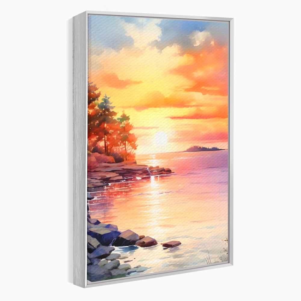 Tablou canvas cu tablou canvas cu peisaj de apus, in rama de aluminiu argintiu
