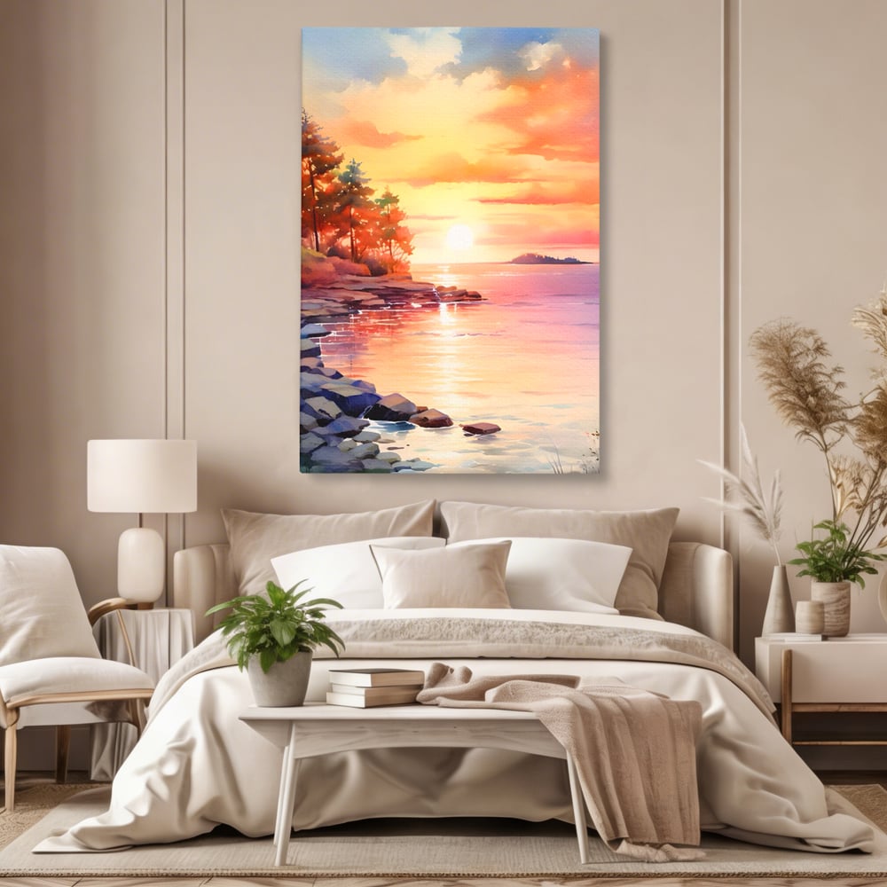 Tablou canvas cu tablou canvas cu peisaj de apus, fara rama, pe sasiu de lemn, pe perete intr-un dormitor