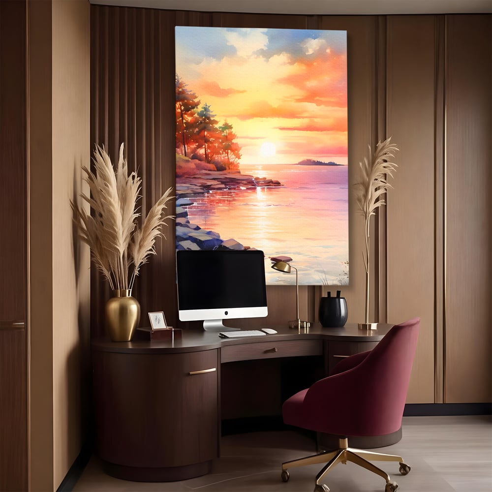 Tablou canvas cu tablou canvas cu peisaj de apus, fara rama, pe sasiu de lemn, pe perete intr-un birou