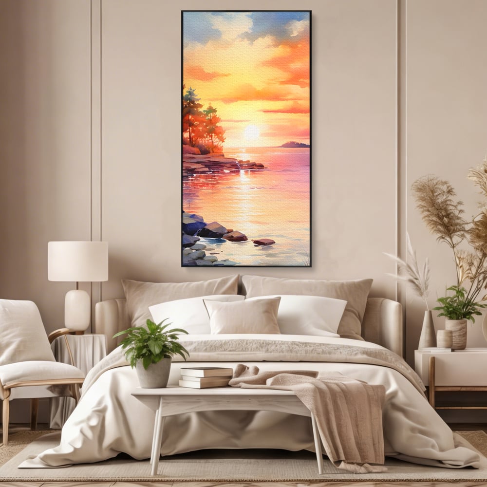 Tablou canvas cu tablou canvas cu peisaj de apus, in rama de aluminiu negru, pe perete intr-un dormitor