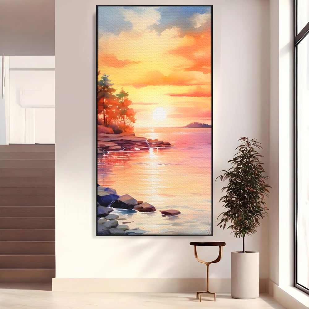 Tablou canvas cu tablou canvas cu peisaj de apus, in rama de aluminiu negru