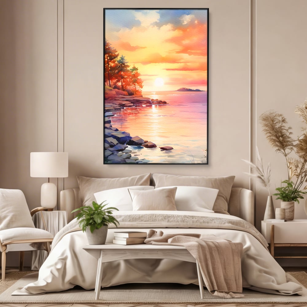 Tablou canvas cu tablou canvas cu peisaj de apus, in rama de aluminiu negru, pe perete intr-un dormitor