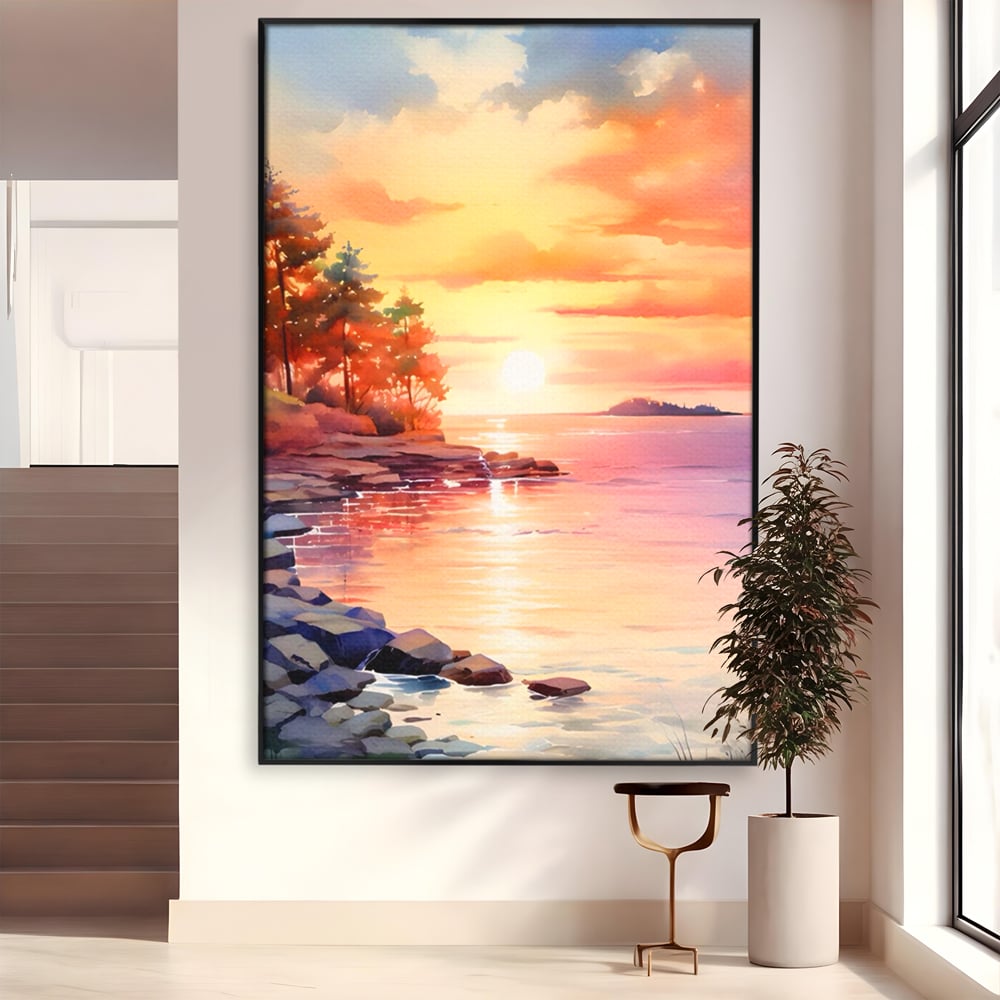 Tablou canvas cu tablou canvas cu peisaj de apus, in rama de aluminiu negru
