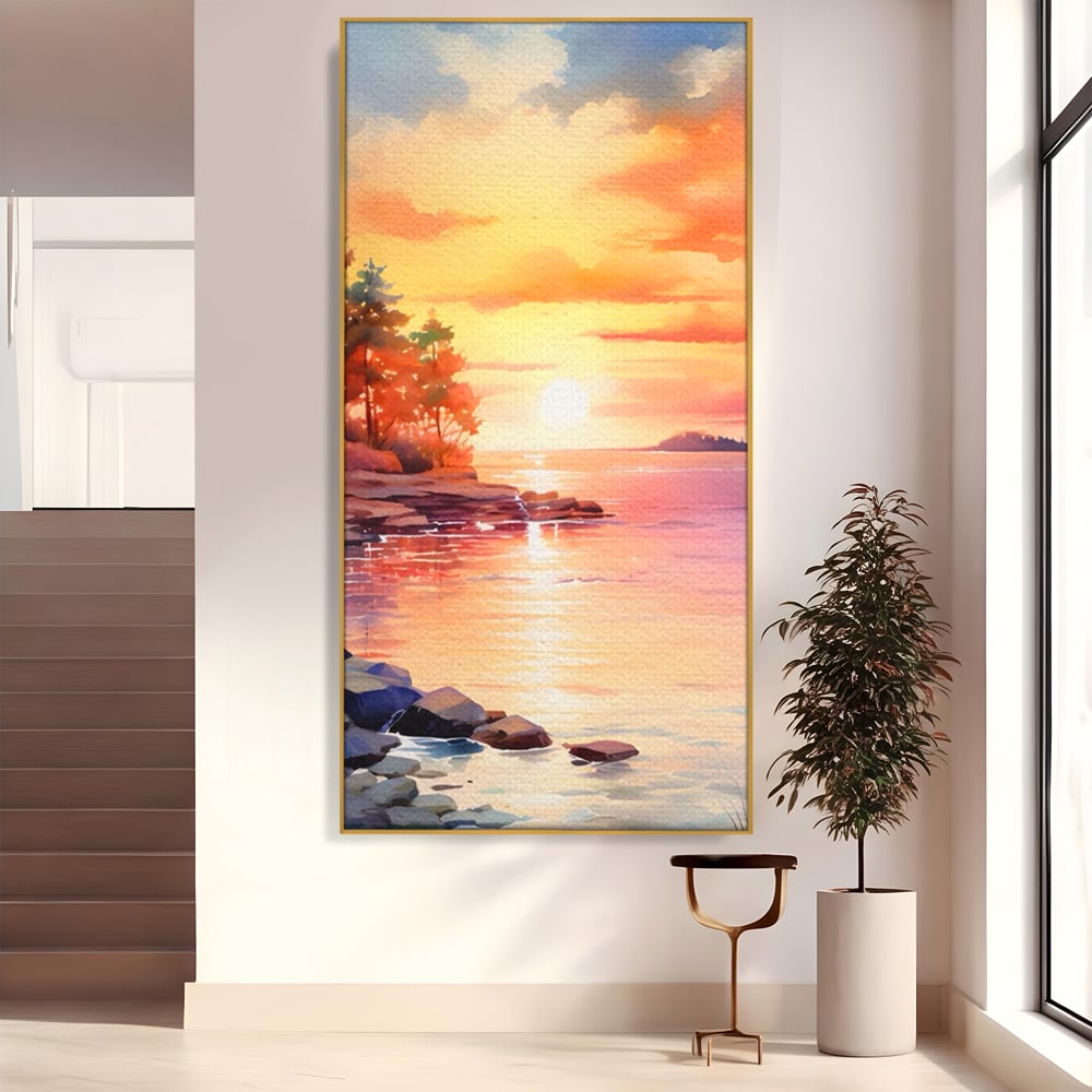 Tablou canvas cu tablou canvas cu peisaj de apus, in rama de aluminiu auriu