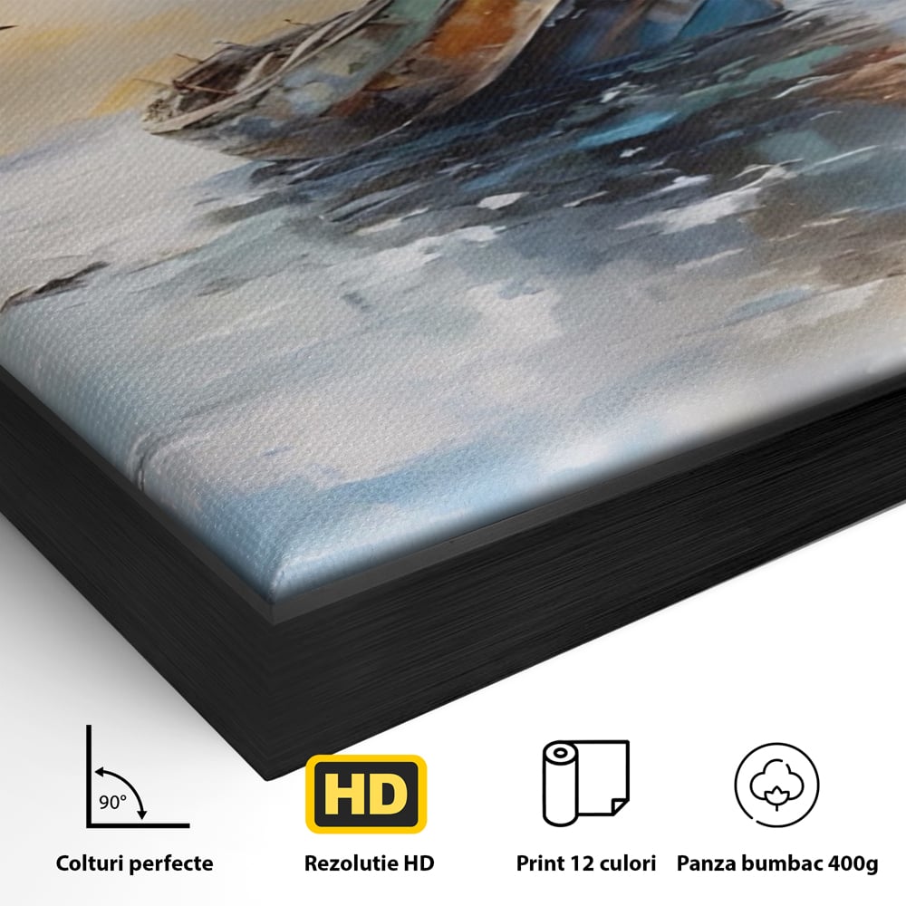 Detaliu al suprafetei: tablou canvas cu barca si pescarusi, in rama de aluminiu negru