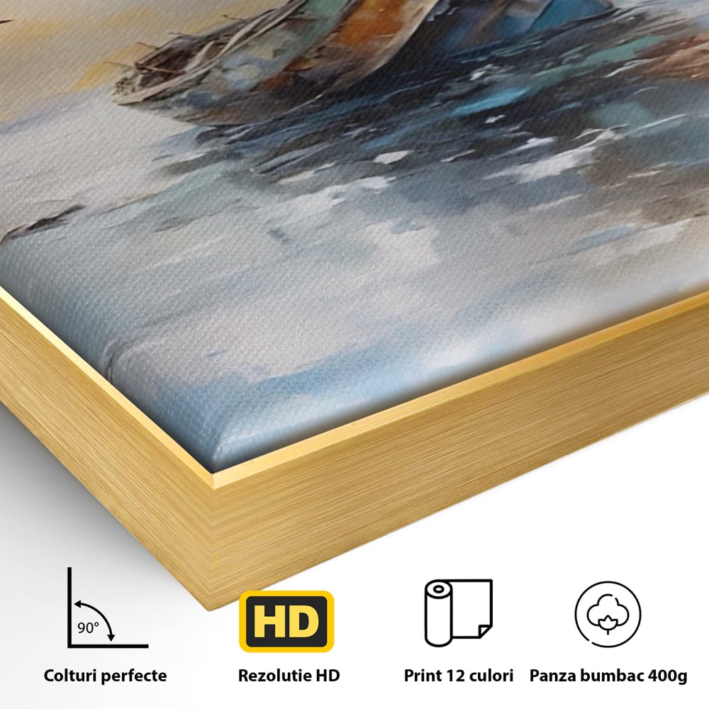 Detaliu al suprafetei: tablou canvas cu barca si pescarusi, in rama de aluminiu auriu