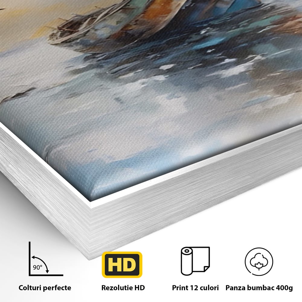 Detaliu al suprafetei: tablou canvas cu barca si pescarusi, in rama de aluminiu argintiu