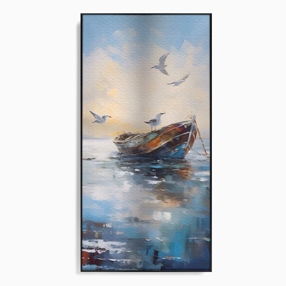 Tablou canvas cu tablou canvas cu barca si pescarusi, in rama de aluminiu negru